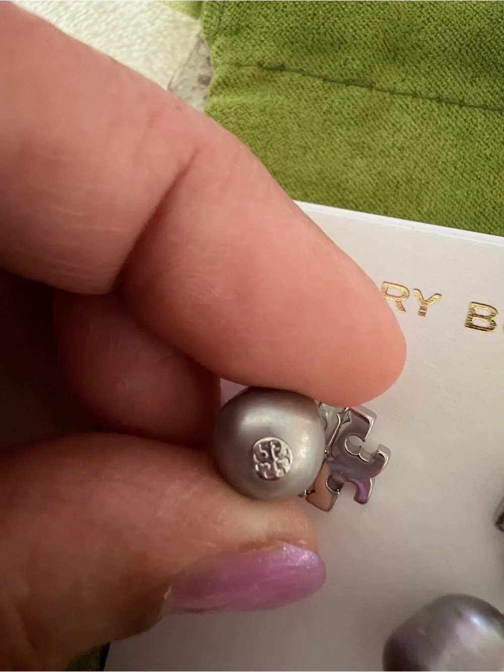 Tory Burch Silver Tone Logo Pearl Drop Earrings